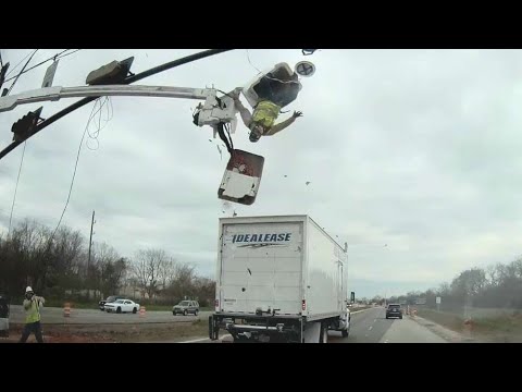 Truck crash sends worker flying out of construction bucket