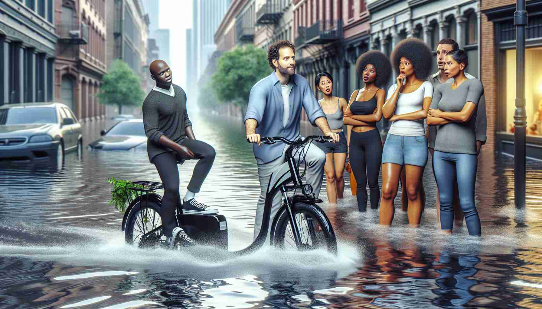 Man Casually Rides E-Bike Through Flooded Streets, Causing Amazement and Concern