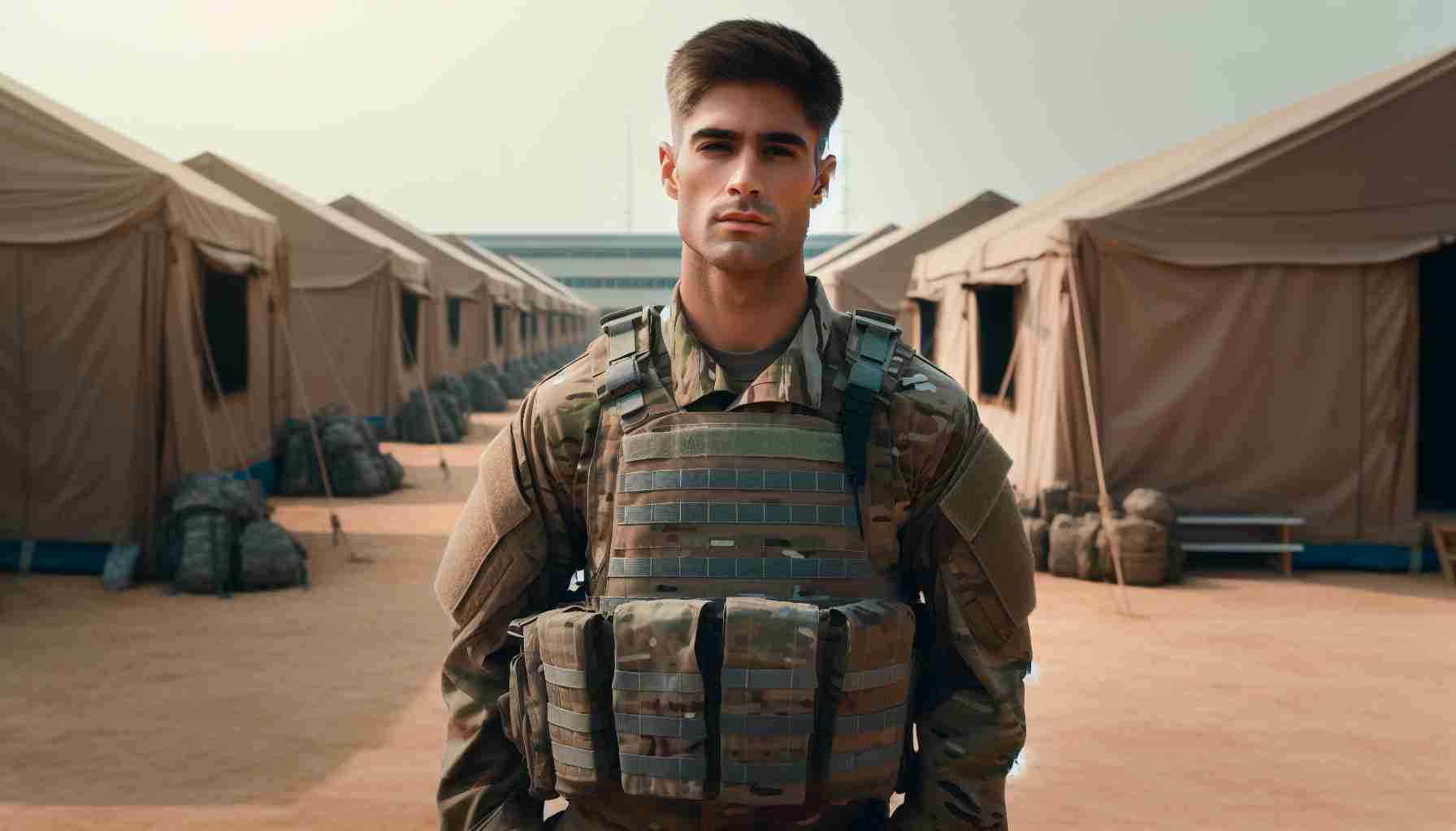 Generate an image of a military private in high definition. The private should be wearing standard military attire with attention to detail in the uniform. The background should be a military base with multiple tents visible. Please present the private in an authoritative yet humble pose, emphasizing the resilience and commitment common in their role.